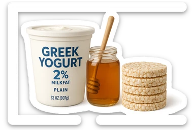 Yogurt Greco 2%
Miele
Gallette di Riso
vista frontale, iperrealistico 4k sticker