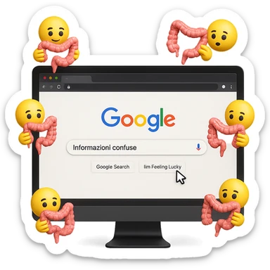 SCHERMO DI PC CON LA SCRITTA "informazioni confuse" SULLA BARRA DI RICERCA GOOGLE SULLO SCHERMO E IL CLICK DEL MOUSE SULLA SCRITTA CERCA, stile emoji iphone fluttuano in aria stringendo in mano un pezzo di colon intestinale, iperrealistico 4k sticker