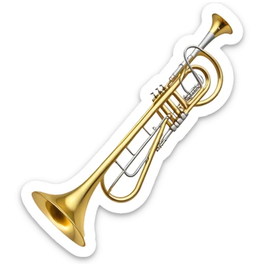 Create an elegant and detailed emoji representing the Bach Bb/F tenor trombone. The design should feature the smooth, shiny brass body of the trombone, showcasing its large, flared bell and curved tubing. Highlight the tuning slide with its polished metal finish, and the mouthpiece should be clearly visible. The trombone’s surface should have a gleaming brass tone with subtle silver accents around the mouthpiece and slide. Add a few musical notes or soundwaves emanating from the bell to emphasize the powerful sound of the trombone. Use golden and brass tones with reflective light effects to enhance the trombone’s professional and high-quality appearance. The background should be transparent. sticker