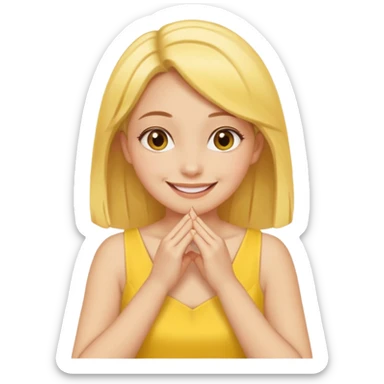 yellow smiling face girl with both hands flat under chin fingers touching sticker