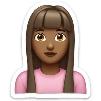 27 years old girl, brown long air with curtain bangs, brown eyes, clear skin, pink tshirt  sticker