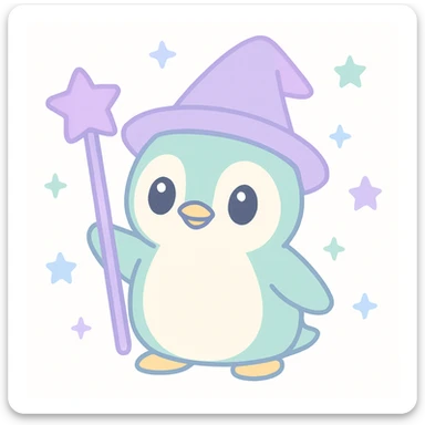 a penguin dressed as a wizard, with a pointed hat and a magic staff, in a fun and whimsical style sticker