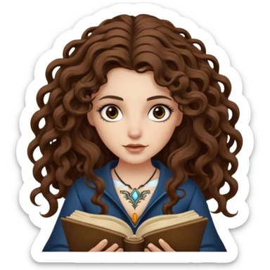 woman with long curly brown hair, brown eyes, white skin, tattoos, reading a spellbook that grows roots instead of pages sticker