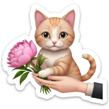 Cute cat Handing pink peonies like reaching a hand and handing them out a bouquet of them with a couquette sticker