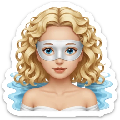 White girl- ocean blue eyes - beauty face mask massage -full care- blonde long curly hair  white off shoulder shirt sticker