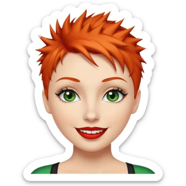 Short spikey Ginger hair, green eyes, black long eye lashes large red lips White woman happy sticker