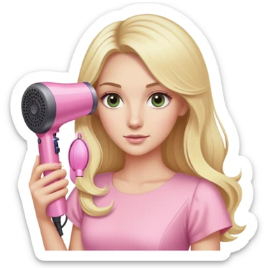 blonde with long hair, swamp eyes, pink pastel dress, holding pink Dyson hair dryer sticker