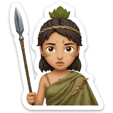 ancient girl, tattered leaf cloth, hold spear sticker