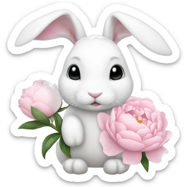 cute white bunny holding light pink peonies sticker