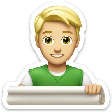 a light-skinned blonde green-eyed male person sitting in front of the long white paper scroll sticker