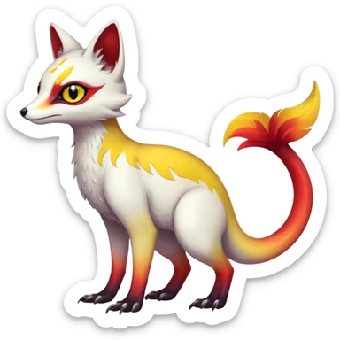  Hyper-realistic oily smooth silky soft White white with red gradients, and yellow slit eyes markings beautiful handsome gorgeous aesthetic colorful vibrant Vernid-Trico-species-Fakemon-creature by LiLaiRa, 4 legs, 1 tail, random markings, (full body) sticker