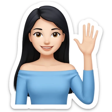 cewe ramah Kulit putih bersih, rambut hitam panjang sleek lurus. Pakai atasan biru muda off the shoulder . Pose tangan nyapa, tatapan senyum percaya diri. viber girls boss sticker