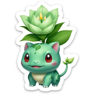 Bulbasaur with a green, unopened plant bulb with layered petals, resembling a lily bud on back sticker