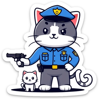 a police officer standing next to a mischievous cat holding a toy gun sticker
