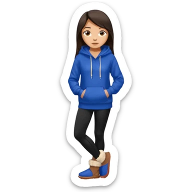 A pretty white/asian tanned girl with medium long strait dark brown almost black hair wearing a royal blue hoodie and black leggings pretty tan with Ugg slippers sticker