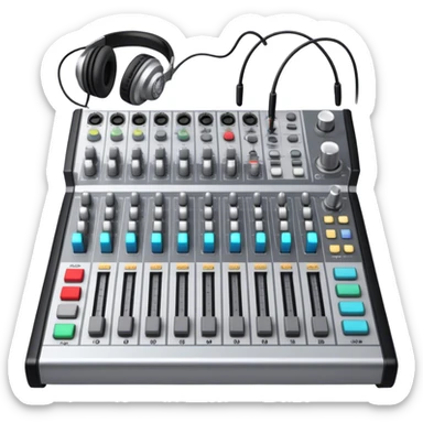 Create a professional and technical emoji that represents sound engineering. The design should feature a sound mixing console with faders, a pair of studio headphones, and audio waveforms to symbolize the precision and technicality of sound mixing and mastering. Include elements like a microphone or audio cables to reflect the recording aspect. Use colors like silver, black, and dark blue to represent the technical, yet artistic side of sound engineering. The background should be transparent. sticker
