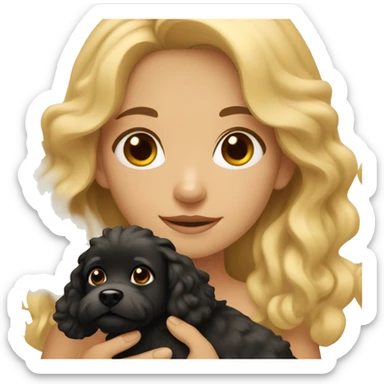 A girl with blonde wavy hair and brown eyes holding a small black fluffy dog sticker