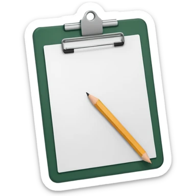 white sheet of paper with dark green clipboard and pencil on the side, iOS emoji style, minimalism sticker