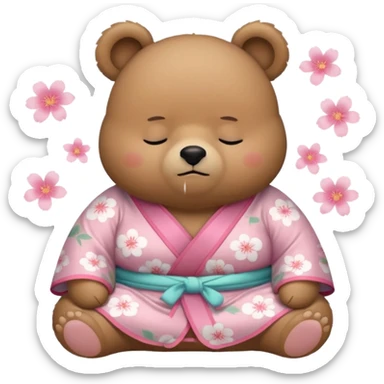 A cute chubby light-brown bear wearing a pastel pink sakura-patterned kimono, body and round head, adorable simple face, sleepy half-closed eyes, small blush on cheeks, sitting while dozing off, tiny “zzz” floating above the head sticker