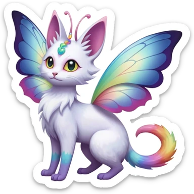 Pure-snow-White albino iridescent with pastel rainbow-gradients-color-markings with swirly patterns butterflies  faerie-Noivern-Noibat-Purloin-Torracat-Lykoi-Caracal-cat-Fakemon-fusion-hybrid-creature sticker