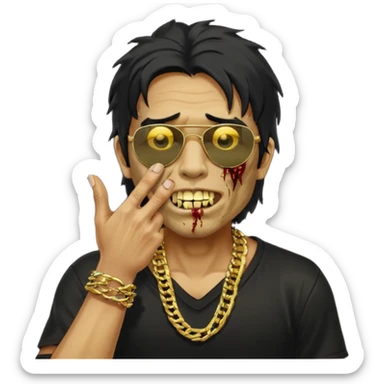 cabelo liso desordenado negro homen con aparencia de zombi y que haga un gesto mostrando los dientes de oro que se agarre la boca con la mano y que sea color piel, ponle unas gafas brasileñas, una camisa negra y que tenga cadenas de oro sticker