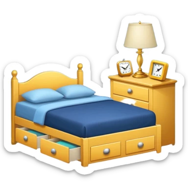 Cupboard-commode-drawer-night-bed-stand with a night lamp on, a photo on, and a digital alarm clock on sticker