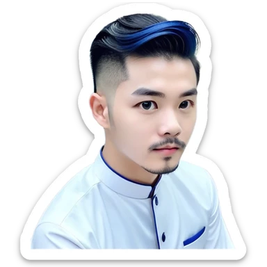 Nam 15 tuổi, da trắng, tóc under cut màu xanh lá cây ( vuốt ngược ra sau ), áo khoác da màu cam cổ cao, mặt ngầu, đeo khuyên tai màu bạc sticker