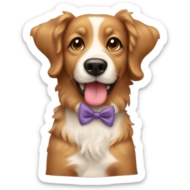 Light Brown dog with curly hair with protruding tongue sitting with a bow on its head sticker