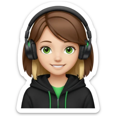 a girl with brown hair blonde ends green and wearing black headphones baggy hoddie she is happy  sticker
