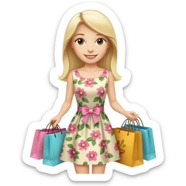 rich long straight hair blonde australian millionare woman holding a lot of money and shopping bags in both hands wearing cute floral dress sticker