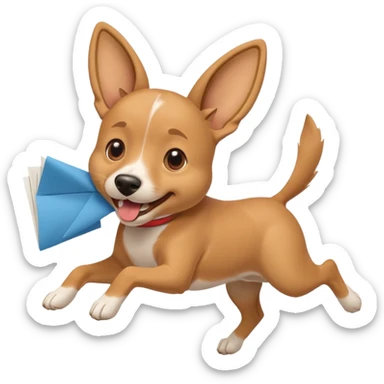 joyful emoji dog sprinting with a paper resume in its mouth, ears flapping, bright and playful sticker