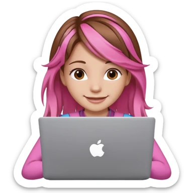 Make an apple emoji of a girl with brown hair that has pink strands of hair with her face behind a laptop screen facing her. sticker