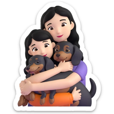 black hair asian girl hugging black dachshund sticker