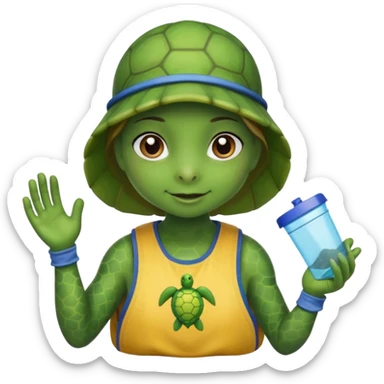 Haz una tortuga bonita, que sea niña, con ropa como si estuviera haciendo voluntariado, que Rea presente la limpieza de playas y el de refugio de animal sticker