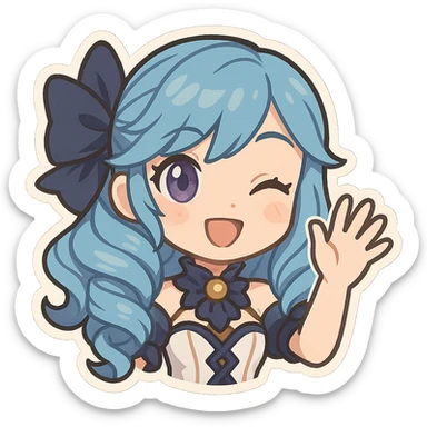 chibi style Gwen from League of Legends, only head, right eye purple, waving hi, frame 2: hand mid-wave, eyes happy sticker