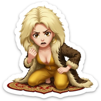 Cinematic Realistic Ultra HD -  Angry, High Nose - Glamour, Plunging Neck Hilary Duff Extreme Long Long Hairstyle in Shaggy Fur Coat with Gold Flash - Crouching on Kashmir Carpet sticker