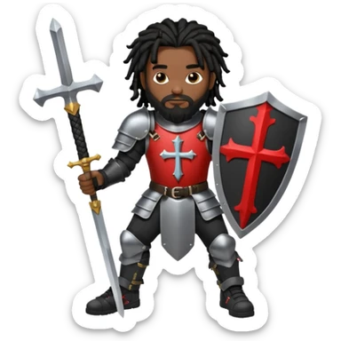 African American man with shoulder length black dreadlocks with black beard wearing knight body armor holding a double edge sword and a shield with a cross on it wearing black low top Air Force 1 sneakers sticker