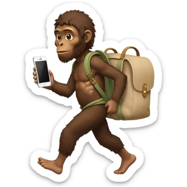Draw an Australopithecus walking like a nomad, carrying a cloth bundle on its back and holding an iPhone in one hand and an 
macbook(screen visible) in the other, in a cute flat iPhone emoji style sticker