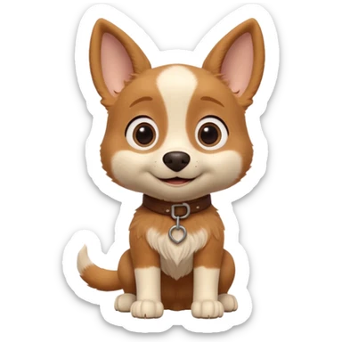 Boots the dog from Puss in Boots, Pixar / DreamWorks-style 3D render; cute, small dog with big round expressive eyes, floppy ears, and a sweet innocent smile; soft light-brown and cream fur with gentle texture; playful, loyal personality; polished animated-film quality;  sticker
