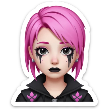 Twitch emoji style crying emoji inspired by Haze skin from Fortnite with signature pink hair, dark makeup, and gothic fashion details sticker