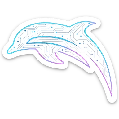 Transform the Dolphin emulator logo into a cyberpunk, holographic style with glowing neon blue and pink edges, circuit patterns throughout the entire logo, and a transparent background. Maintain the recognizable dolphin outline, overlaying neon and circuit effects in a consistent futuristic, clean cyberpunk glow style with intricate circuit details, similar to previous cyberpunk icons. sticker