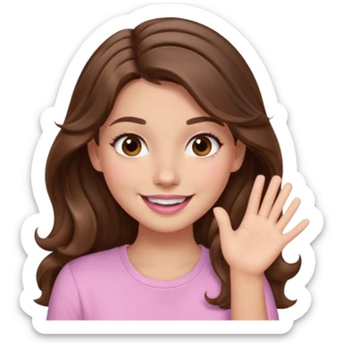 girl with wavy long brown hair, brown eyes, light to medium complexion, long lashes, light pink lipstick, smiling, wearing light pink shirt, slapping sticker