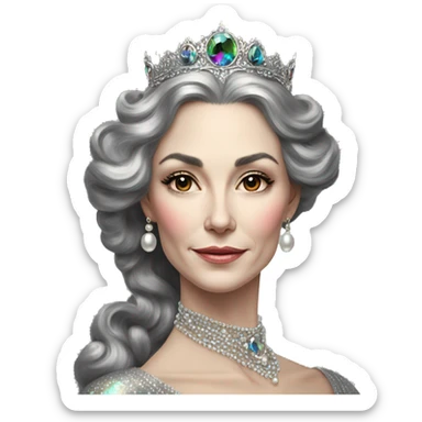 Regal pretty slender middle age woman photograph defined cheekbones high cheekbones crown vintage with very long iridescent black and silver hair wavy long hair pearl crown iridescent sticker