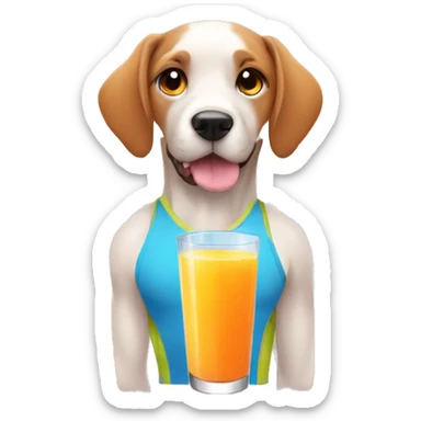 a dog in gym clothes drinking a nutritious juice sticker