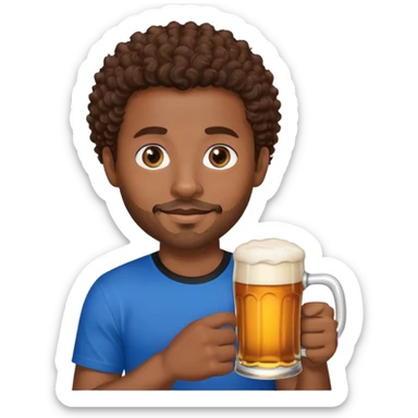 black man with short brown curly hair and blue eyes facial hair black shirt holding a beer sticker