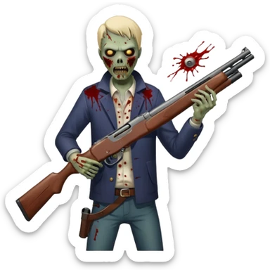 Man in foreground firing shotgun, zombie approaching from front, blood splatter, dark horror, no background












 sticker