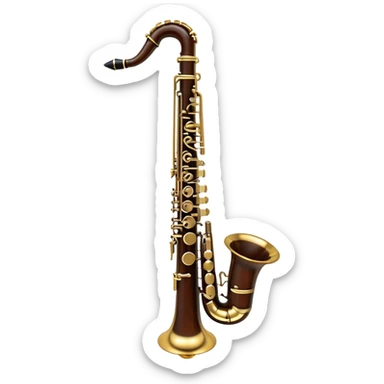 Create a refined and sophisticated emoji representing the Yamaha Custom Duet+ oboe. The design should feature the sleek, polished body of the oboe with elegant keywork details and a rich wood finish. The oboe should have a shiny, metallic look for its key components, and the bell should be subtly flared. Add musical notes or sound waves gently emanating from the instrument to reflect its melodic, smooth sound. Use warm, earthy tones like dark brown, gold, and silver to evoke the professional, classic vibe of a high-end woodwind instrument. The background should be transparent. sticker