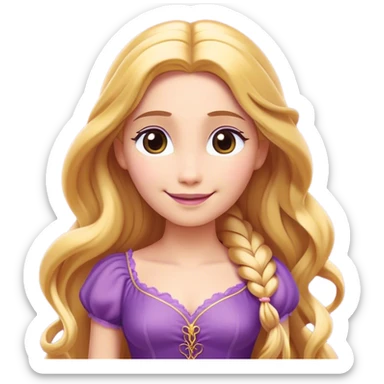 Cinematic Radiant Rapunzel Portrait Emoji, rendered in a flat vector style with clean proportions. Show Rapunzel with a gentle smile, fair, glowing skin, and her iconic long golden hair cascading softly, wearing a simple, elegant purple dress. The image radiates a warm, enchanting glow, high shine, and is accentuated by a soft glowing outline. sticker