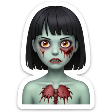Um zumbi feminino, com cabelo preto e franja, machucados pelo rosto e torso sticker