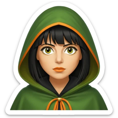 claudia winkleman with a heavy fringe and an orange tan as a traitor with a green hooded cloak with a gold clasp and dark black eyeliner sticker